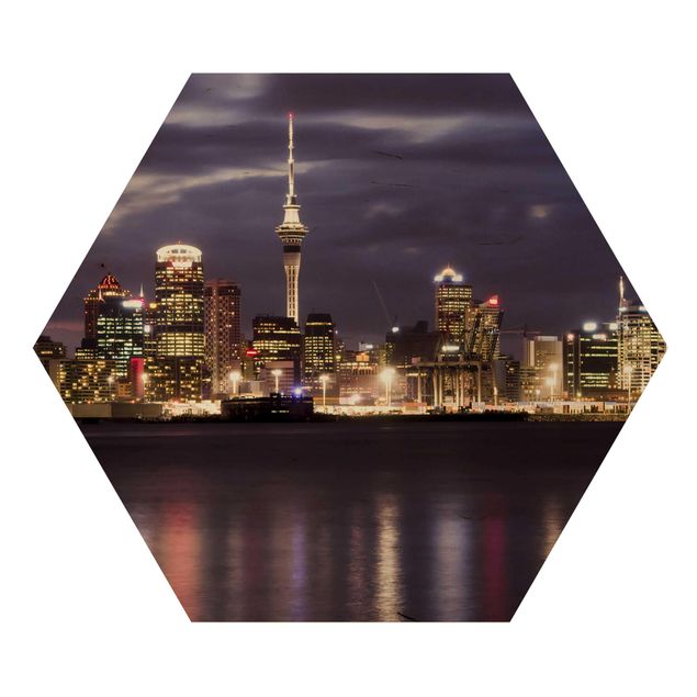 Hexagon Bild Holz - Auckland bei Nacht