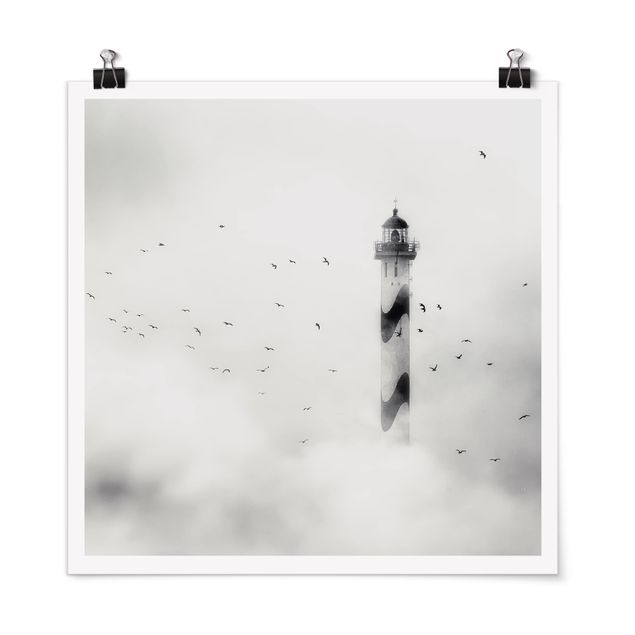 Poster Schwarz-Weiß Leuchtturm im Nebel