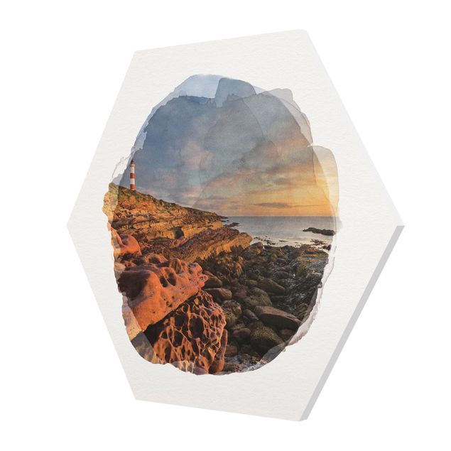 Hexagon Bild Forex - Wasserfarben - Tarbat Ness Meer & Leuchtturm bei Sonnenuntergang