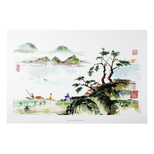 Foto auf Alu Dibond Japanische Aquarell Zeichnung See und Berge