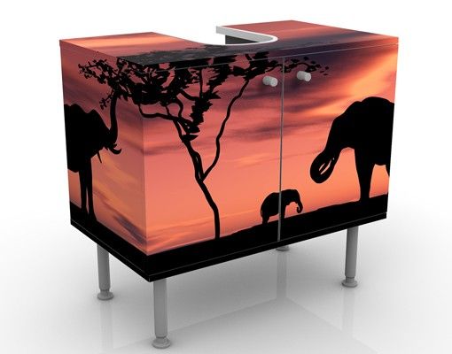 Waschbeckenunterschrank - African Elefant Family - Badschrank Orange Braun Rot Schwarz