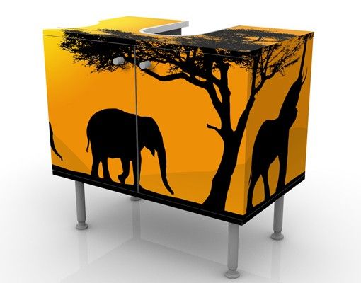 Waschbeckenunterschrank - African Elefant Walk - Badschrank Orange Gelb Schwarz
