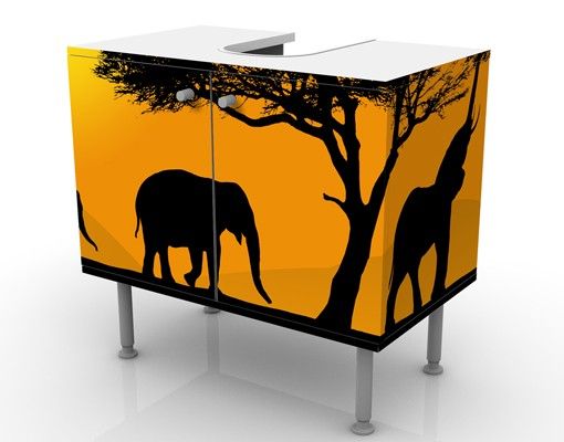 Waschbeckenunterschrank - African Elefant Walk - Badschrank Orange Gelb Schwarz