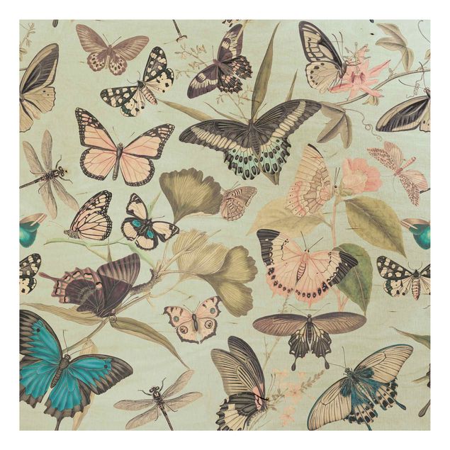 Holzbilder Blumen Vintage Collage - Schmetterlinge und Libellen