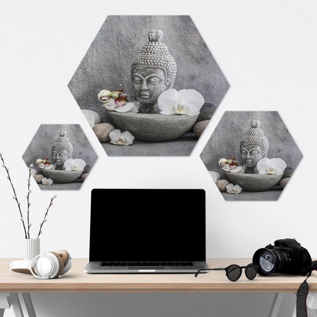 Hexagon Bild Alu-Dibond - Zen Buddha, Orchideen und Steine