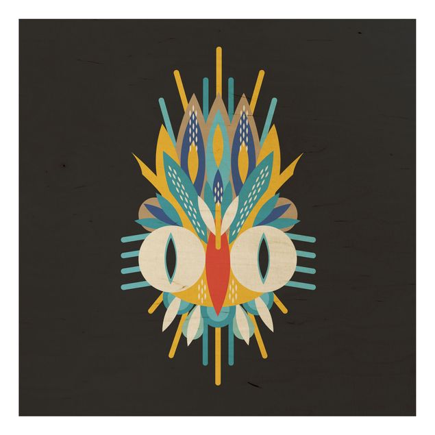 Bilder auf Holz Collage Ethno Maske - Vogel Federn