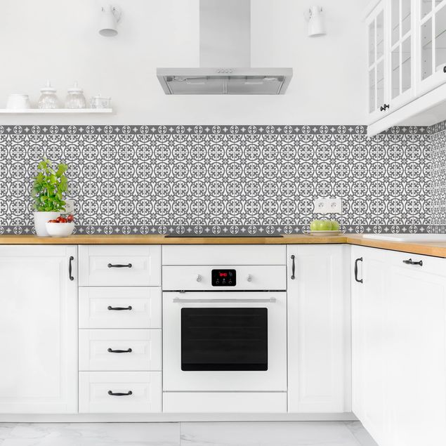 Küchenrückwand Fliesenoptik Geometrischer Fliesenmix Kreise Grau