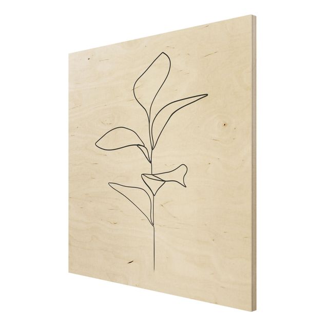 Holzbild - Line Art Pflanze Blätter Schwarz Weiß - Quadrat 1:1