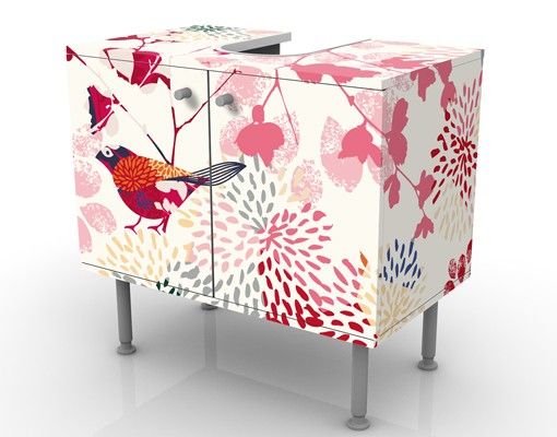 Waschbeckenunterschrank - Fancy Birds - Blumen Badschrank Weiß Rot