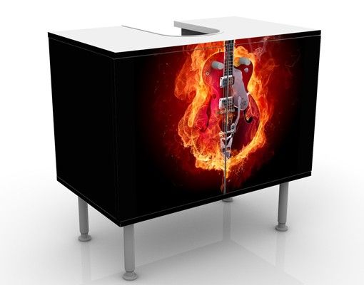 Waschbeckenunterschrank - Gitarre in Flammen - Badschrank Orange Rot Schwarz