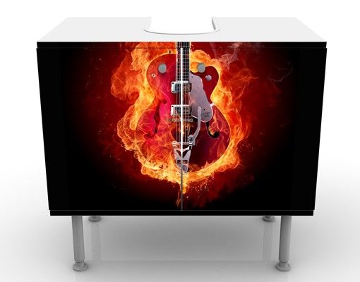 Waschbeckenunterschrank - Gitarre in Flammen - Badschrank Orange Rot Schwarz