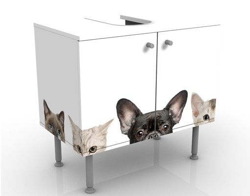Waschbeckenunterschrank mit Motiv Katzen mit Hundeblick