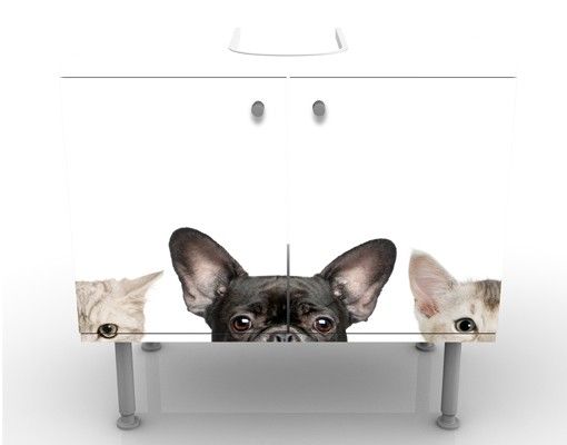 Waschbeckenunterschrank - Katzen mit Hundeblick - Badschrank Weiß