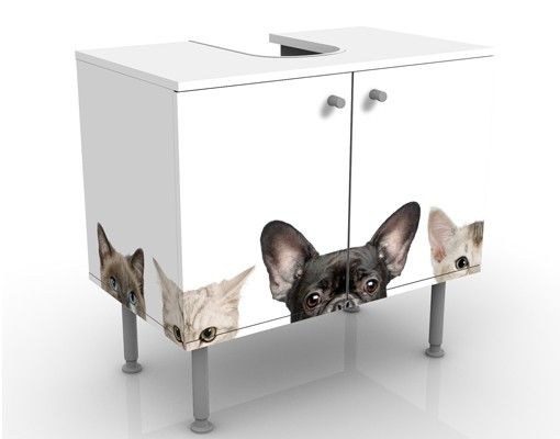 Waschbeckenunterschrank - Katzen mit Hundeblick - Badschrank Weiß