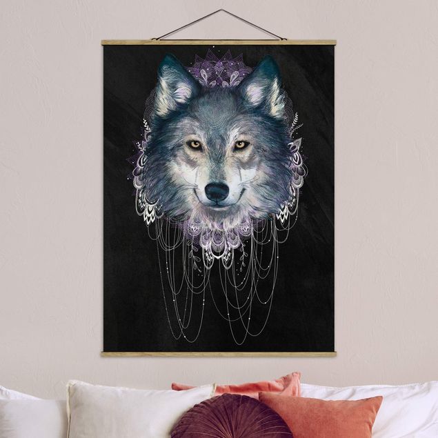 Wolf Bilder Illustration Wolf mit Boho Traumfänger Schwarz