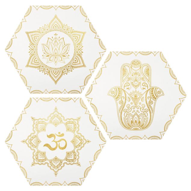 Hexagon Bild Forex 3-teilig - Hamsa Hand Lotus OM Illustration Set Gold