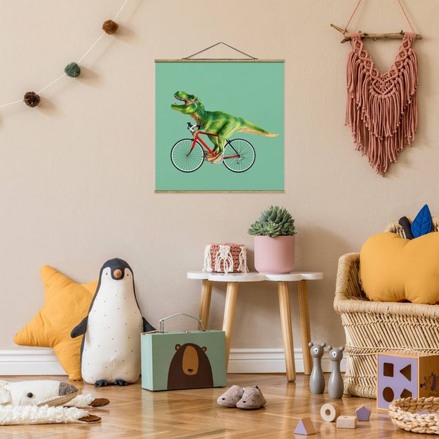 Stoffbilder zum Aufhängen Dinosaurier mit Fahrrad