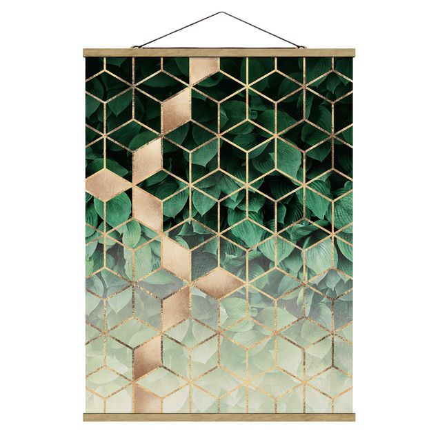 Stoffbilder mit Holzleisten Grüne Blätter goldene Geometrie