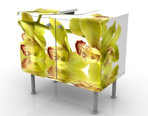 Waschbeckenunterschrank - Splendid Orchid Waters - Blumen Badschrank Weiß Gelb