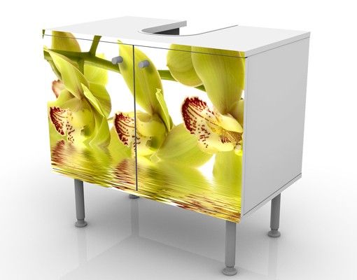 Waschbeckenunterschrank - Splendid Orchid Waters - Blumen Badschrank Weiß Gelb