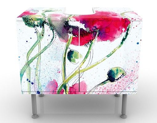 Waschbeckenunterschrank - Painted Poppies - Blumen Badschrank Weiß Rot