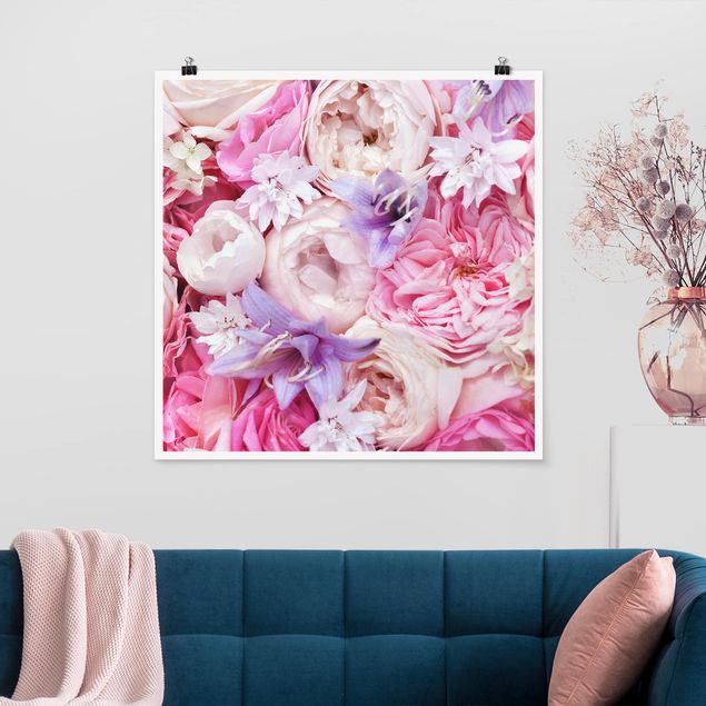 Poster Blumen Shabby Rosen mit Glockenblumen