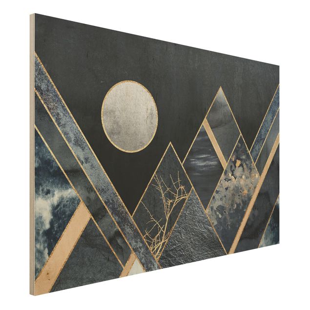 Holzbild - Goldener Mond abstrakte schwarze Berge - Querformat 2:3
