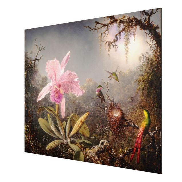 Schöne Wandbilder Martin Johnson Heade - Orchidee und drei Kolibris