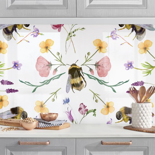 Küchenrückwände Platte Bienen mit Blumen