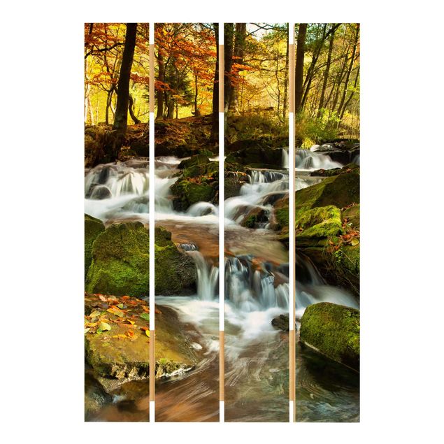 Holzbild - Wasserfall herbstlicher Wald - Hochformat 3:2