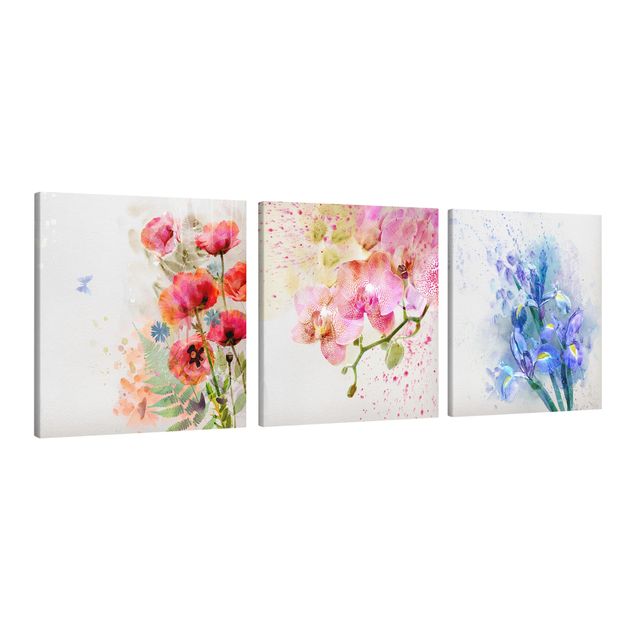 Wandbilder Wohnzimmer modern Aquarell Blumen Trio