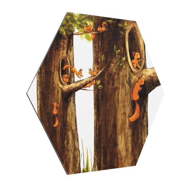 Hexagon Bild Alu-Dibond - Zuhause der Einhörnchen