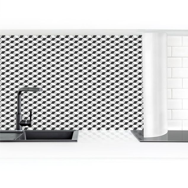 Spritzschutz Küche Fliesenoptik Geometrischer Fliesenmix Würfel Schwarz