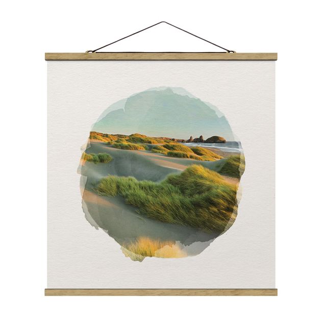 Stoffbild mit Posterleisten - Wasserfarben - Dünen und Gräser am Meer - Quadrat 1:1