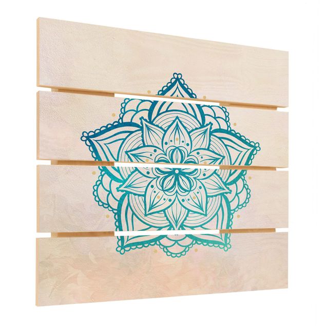 Holzbild - Mandala Hamsa Hand Lotus Set gold blau - Quadrat 1:1