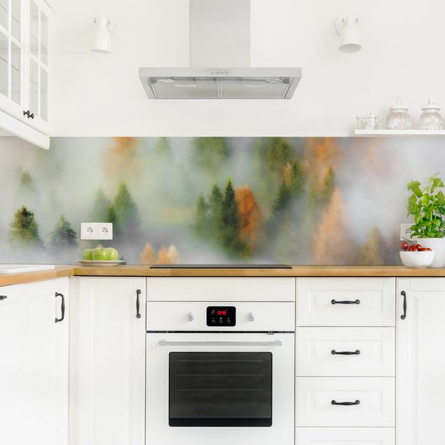 Küchenrückwand Glas Motiv Wald Nebelwald im Herbst
