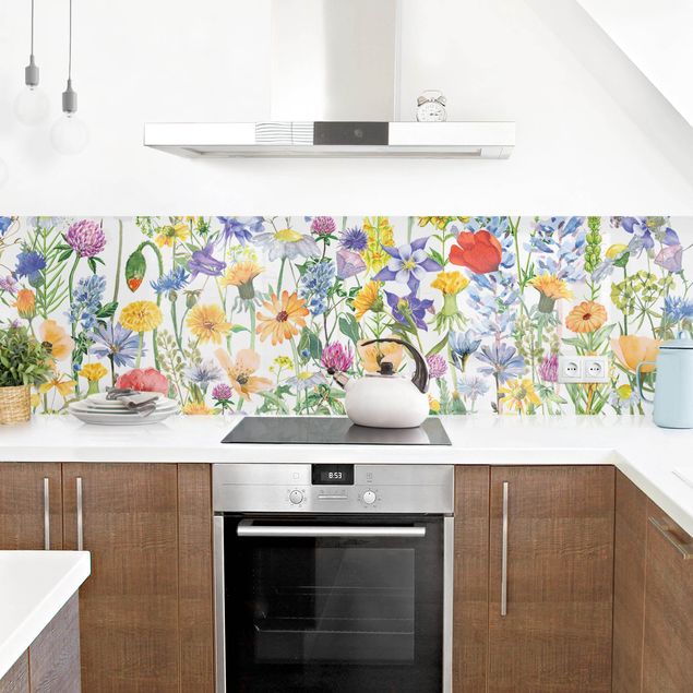 Küchenrückwand Glas Motiv Blumen Aquarellierte Blumenwiese