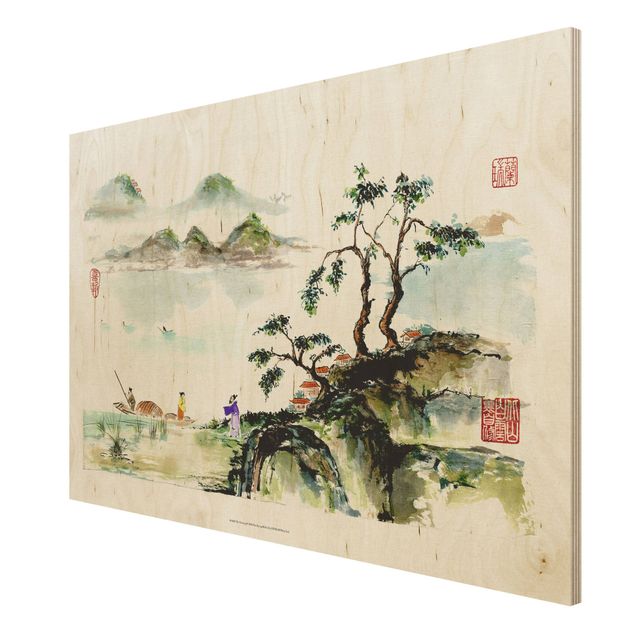 Moderne Holzbilder Japanische Aquarell Zeichnung See und Berge