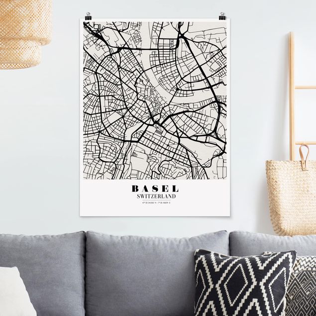 Schwarz-Weiß Poster Stadtplan Basel - Klassik