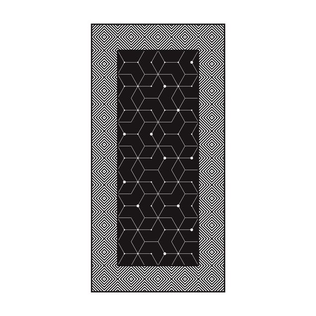 Vinyl-Teppich - Geometrische Fliesen Punktlinien Schwarz mit Bordüre - Hochformat 1:2