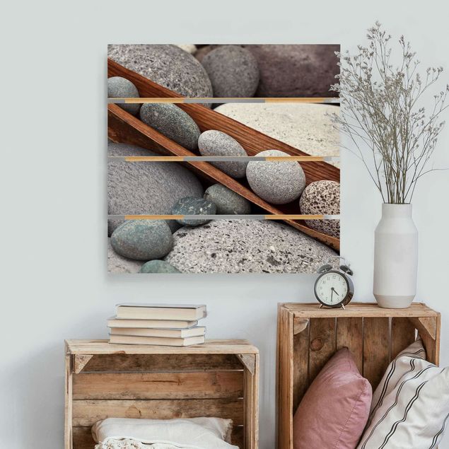 Moderne Holzbilder Stillleben mit grauen Steinen