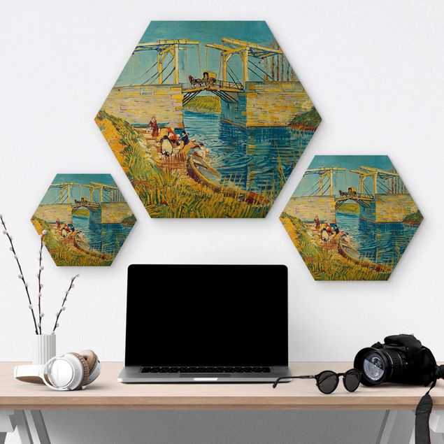 Hexagon Bild Holz - Vincent van Gogh - Zugbrücke in Arles