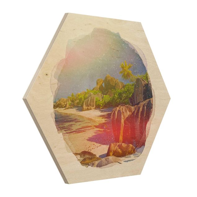 Wandbild Holz Wasserfarben - Traumstrand Seychellen