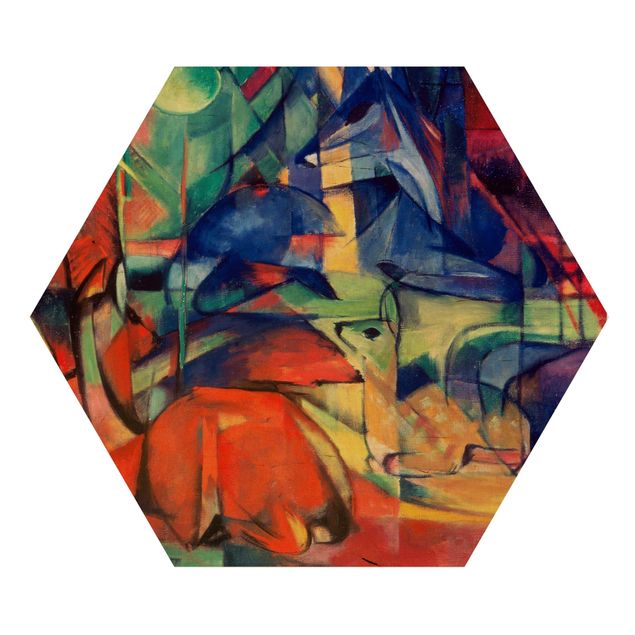 Hexagon Bild Holz - Franz Marc - Rehe im Walde