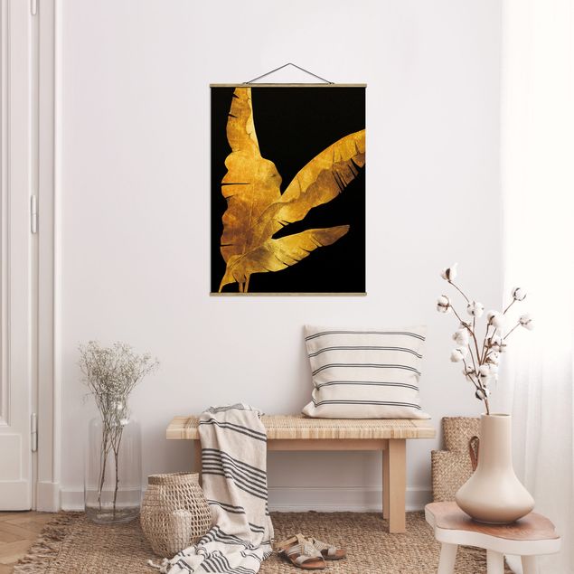 Stoffbilder mit Holzleisten Gold - Bananenpalme auf Schwarz