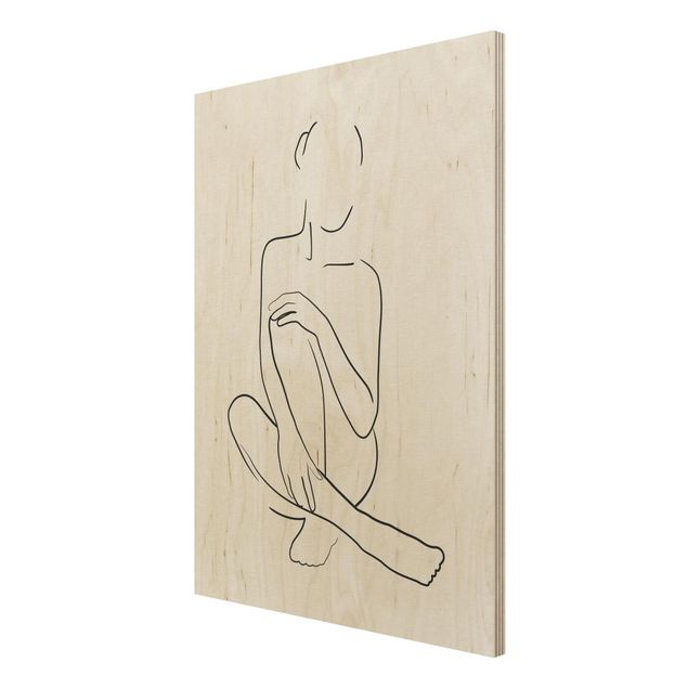 Moderne Holzbilder Line Art Frau sitzt Schwarz Weiß
