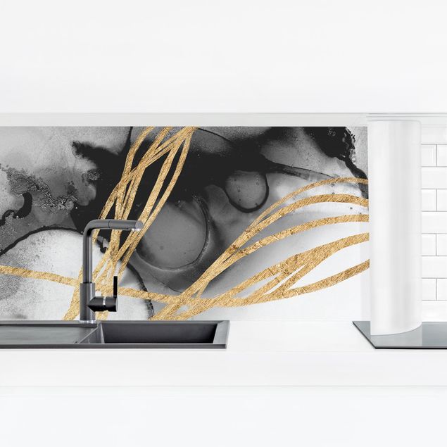 Küchenrückwand Schwarz Schwarze Tusche mit goldenen Linien II