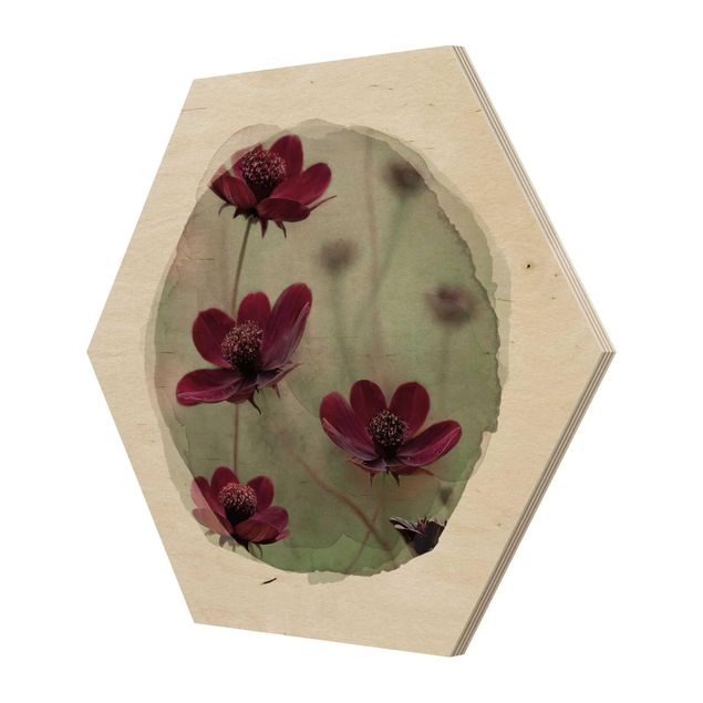 Hexagon Bild Holz - Wasserfarben - Pinke Kosmeen