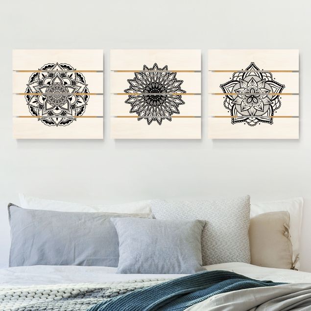 Moderne Holzbilder Mandala Blüte Sonne Illustration Set Schwarz Weiß