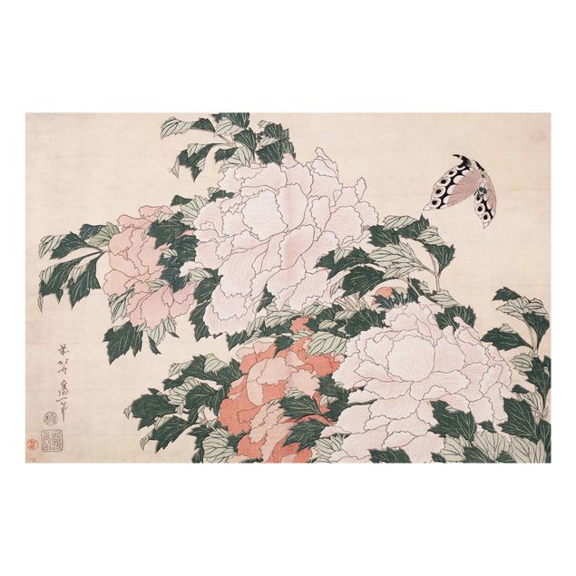 Hokusai Bilder Katsushika Hokusai - Rosa Pfingstrosen mit Schmetterling
